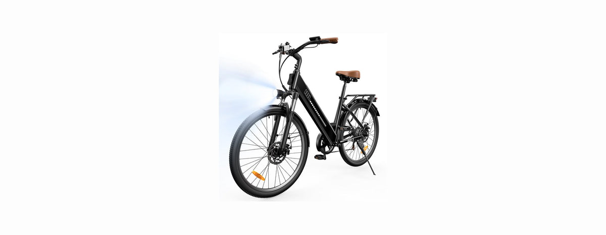 Black step-through electric city bike with a brown saddle and grips, on a white background