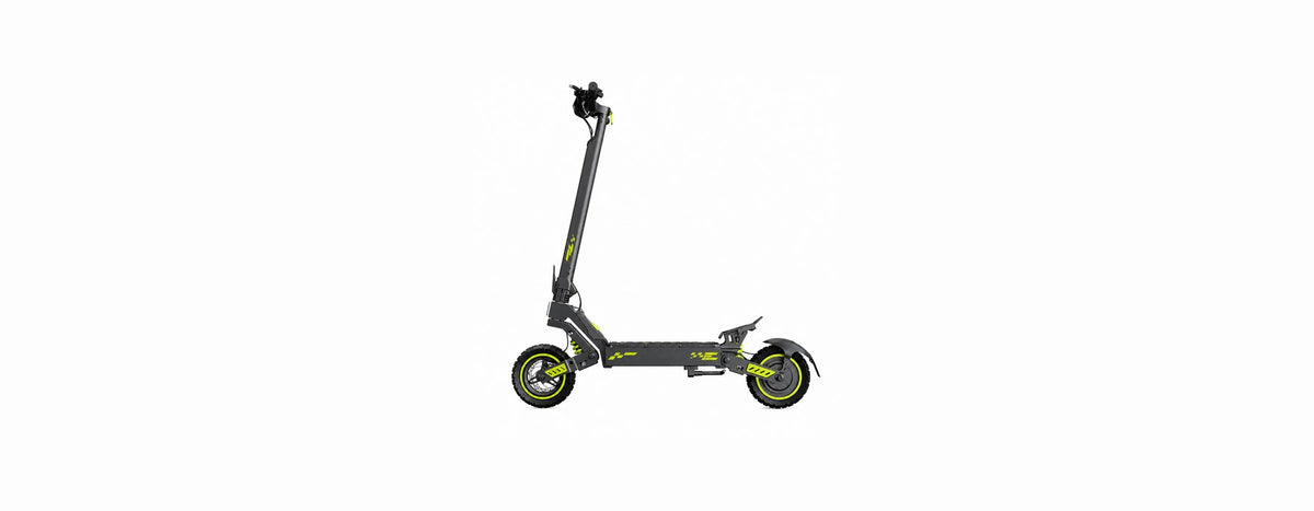 Side view of a grey and green isinwheel electric scooter on a white background