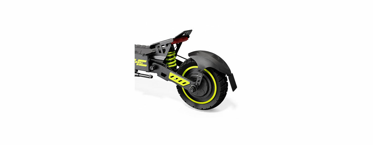 Close-up of the rear wheel, disc brake and mudguard of a grey and green isinwheel electric scooter