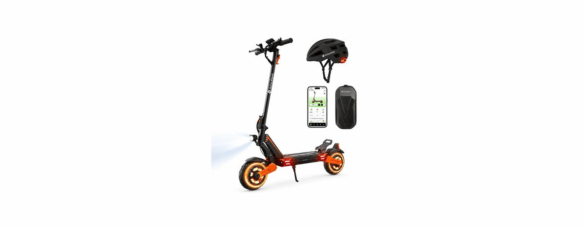 Orange and black isinwheel electric scooter beside a cycle helmet, a phone showing the scooter app and a carry bag