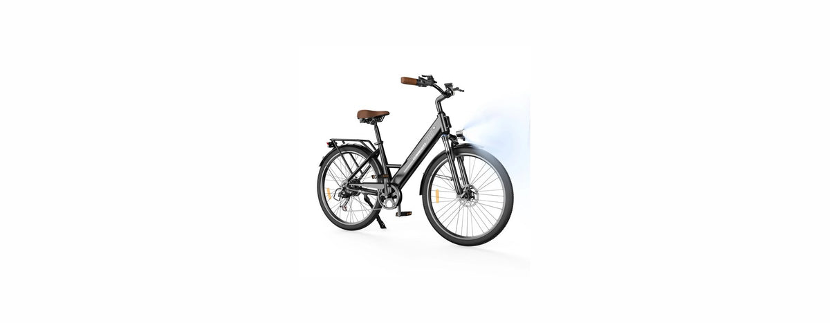 Black step-through electric city bike with a brown saddle and grips, on a white background