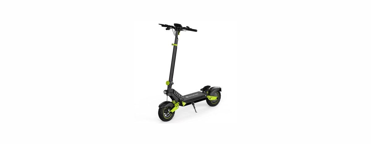Black and green isinwheel electric scooter seen from the front and side on a white background