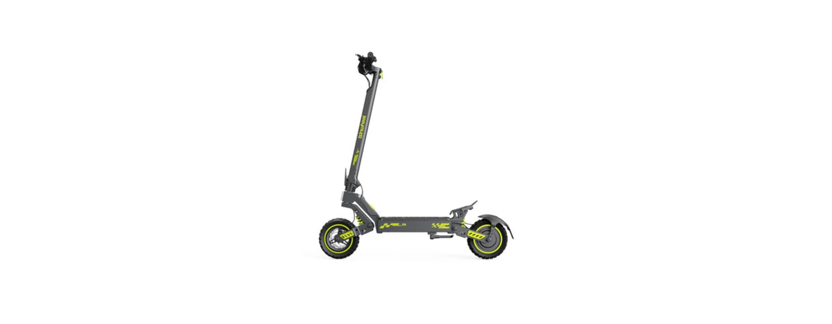 Side view of a grey and green isinwheel electric scooter on a white background