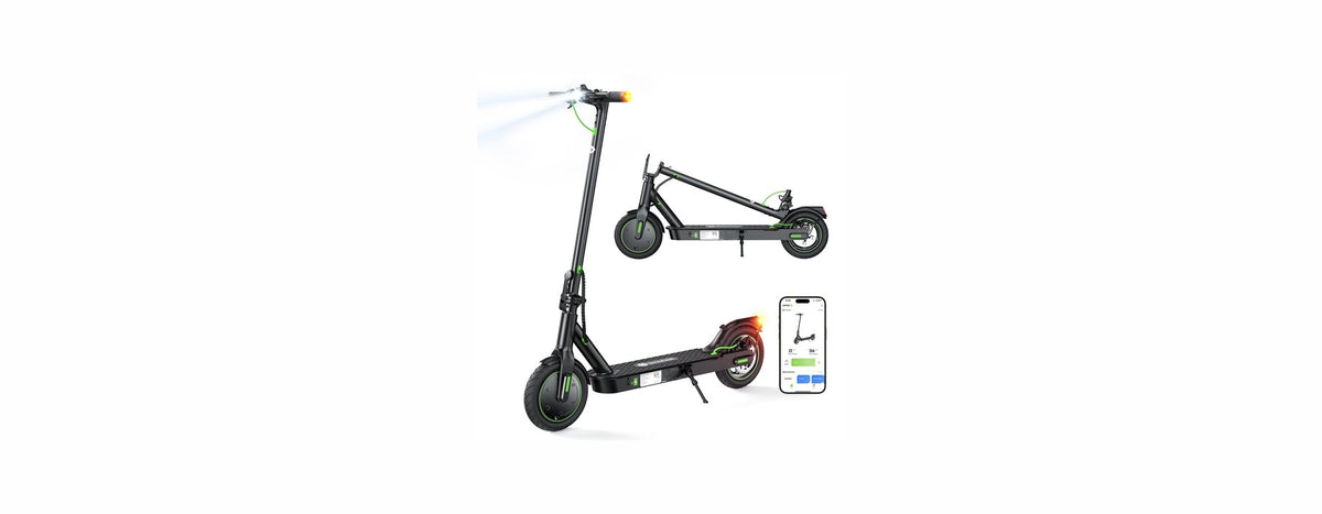 Two black folding isinwheel electric scooters, one of them folded flat, with a phone showing the scooter app