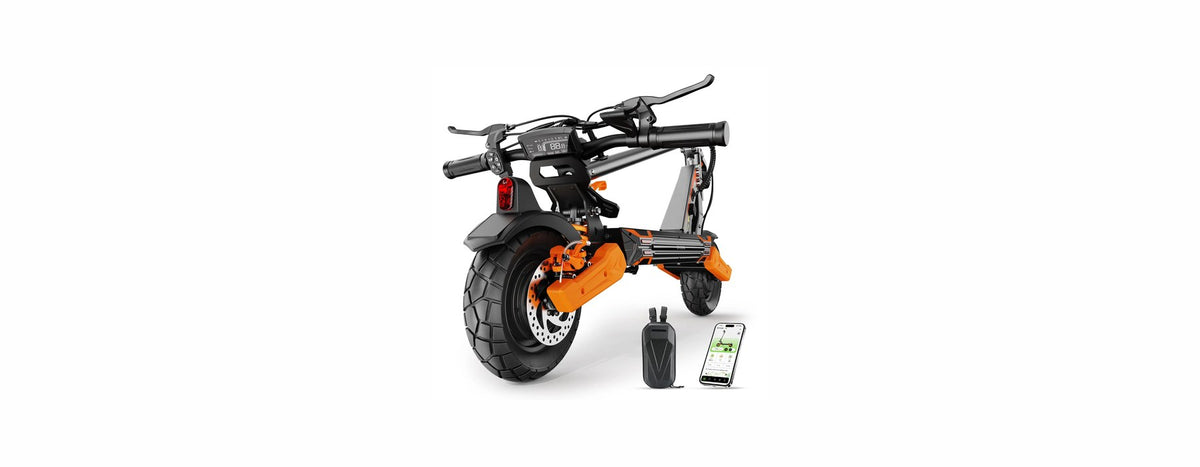 Rear view of an orange and black isinwheel electric scooter with a carry bag and a phone showing the scooter app