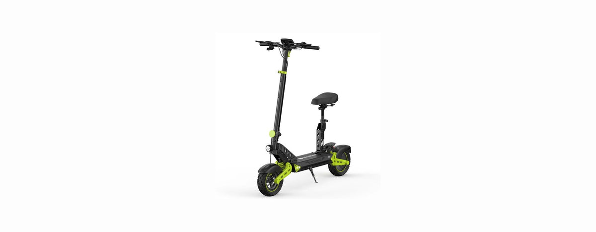 Black and green isinwheel electric scooter fitted with a saddle, on a white background