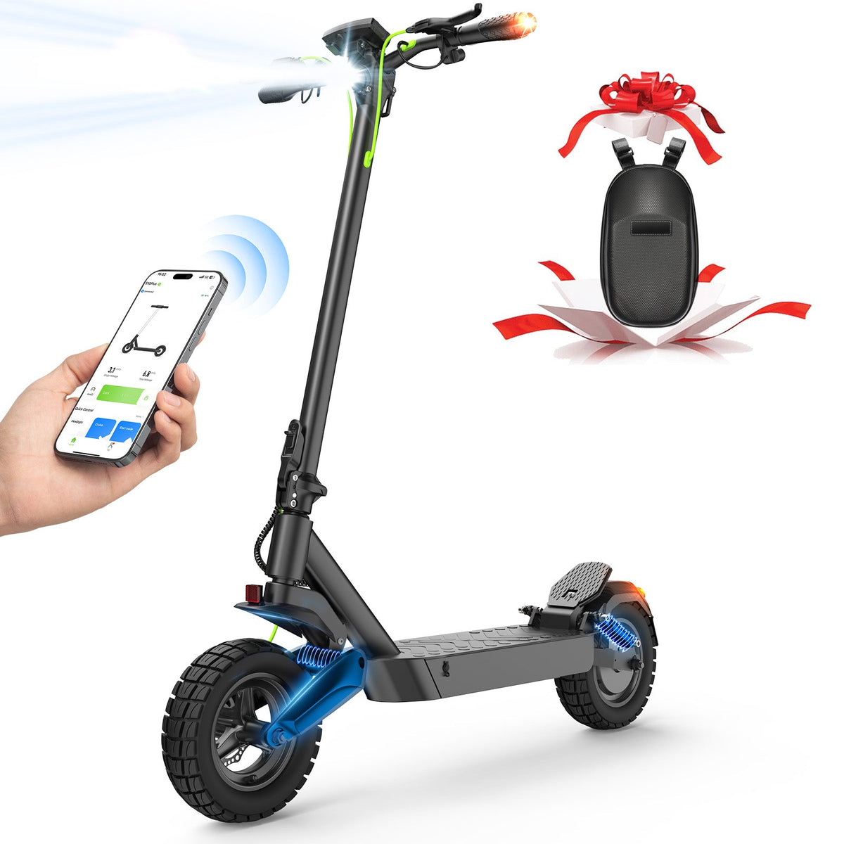 isinwheel S10MAX electric scooter, front three-quarter view with app control and front/rear suspension