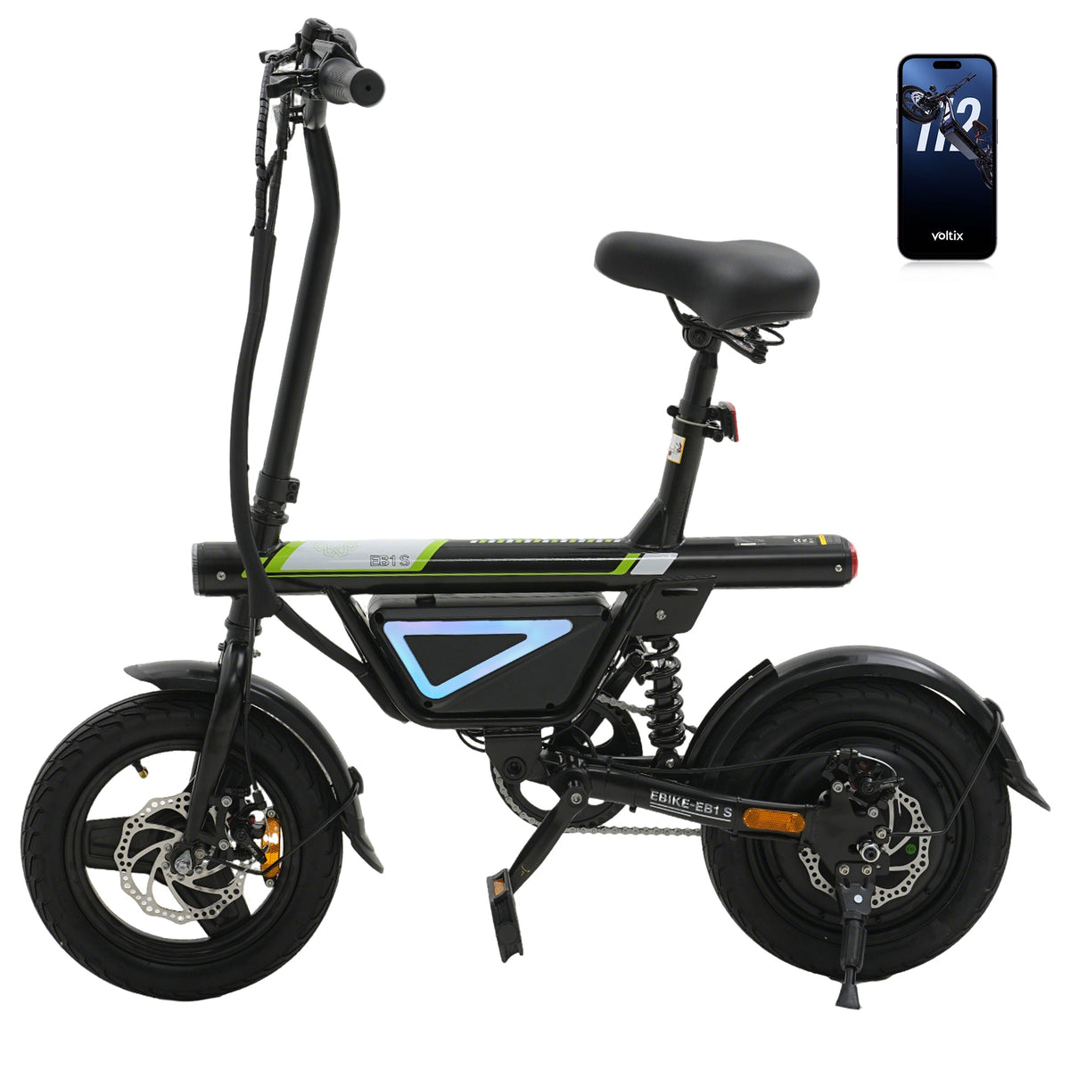 isinwheel EB1S in black, full side view, with the Voltix app on a phone