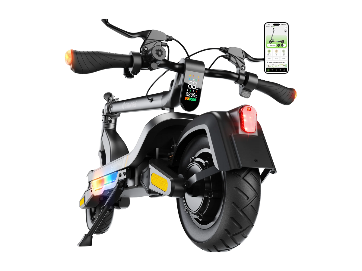 isinwheel S-Nova Pro in grey, folded, rear view with display, brake light and app