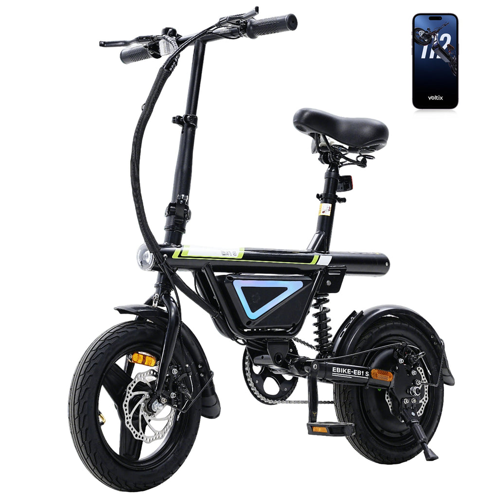 isinwheel EB1S in black, front three-quarter view, with the Voltix app on a phone