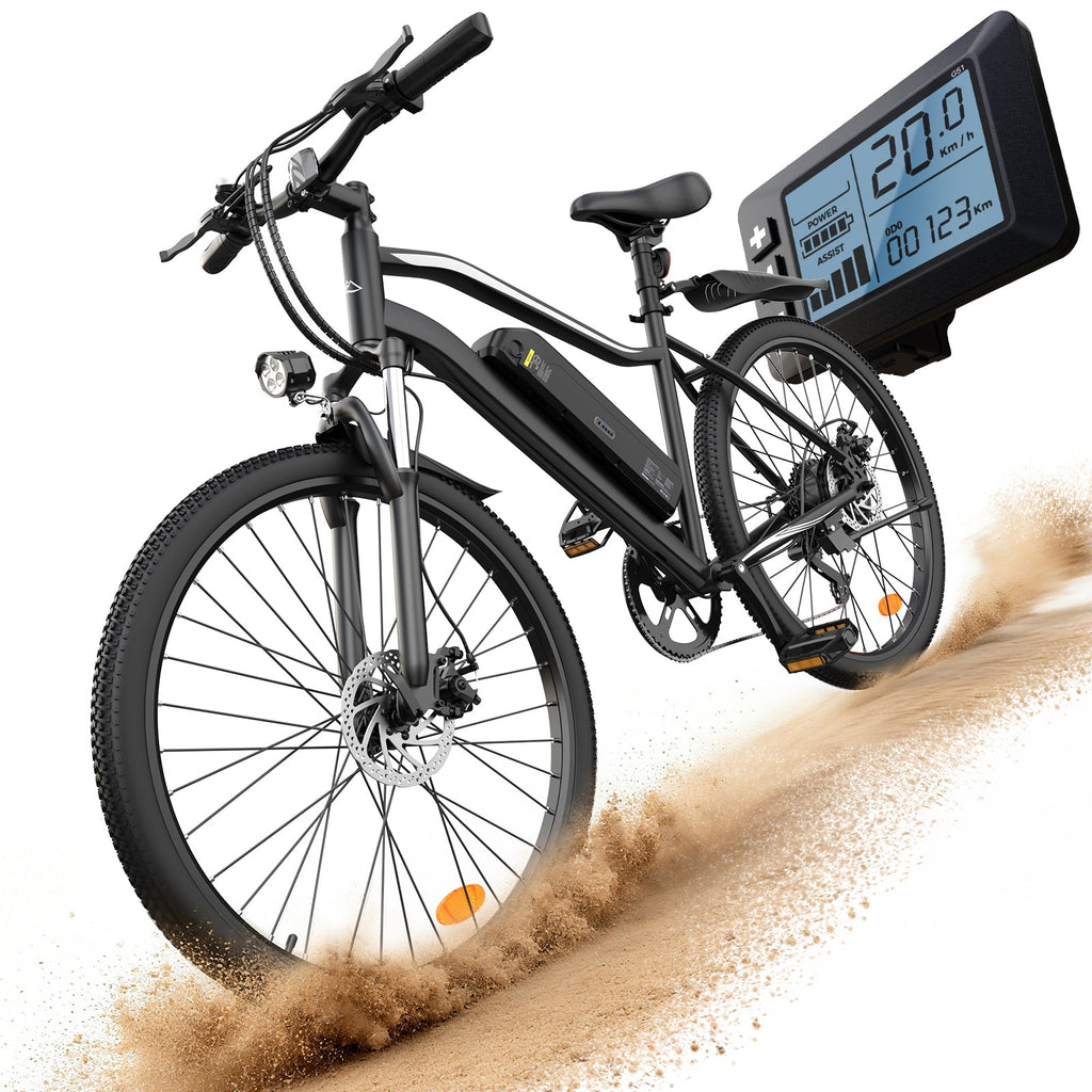 isinwheel EB3 in black riding through sand, with LCD display close-up