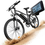 isinwheel EB3 in black riding through sand, with LCD display close-up