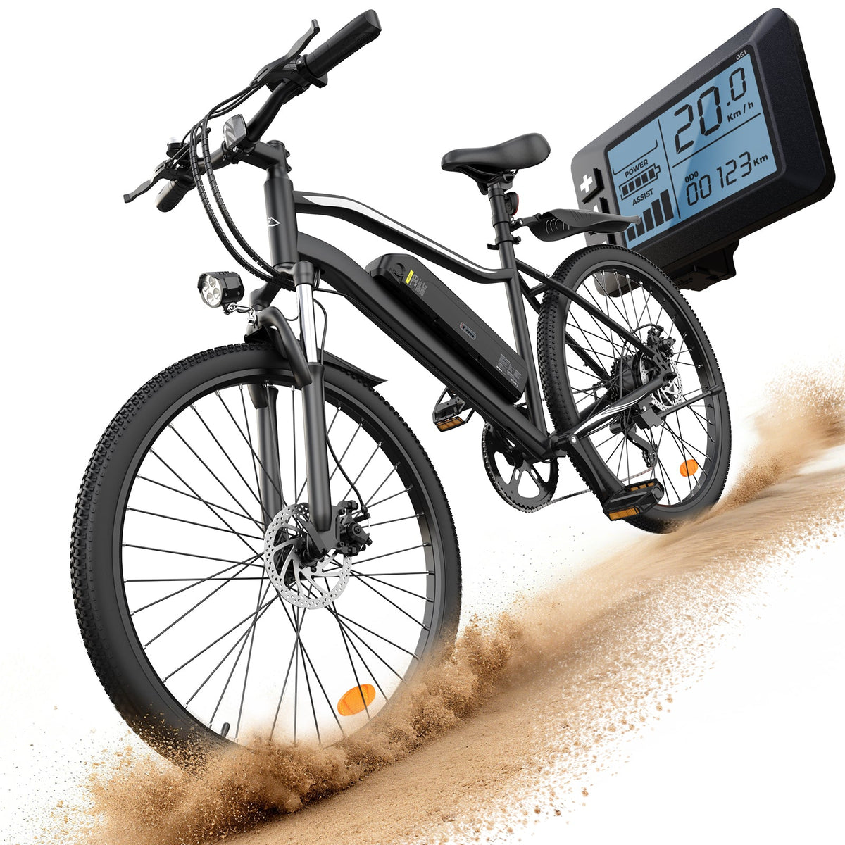 isinwheel EB3 in black riding through sand, with LCD display close-up