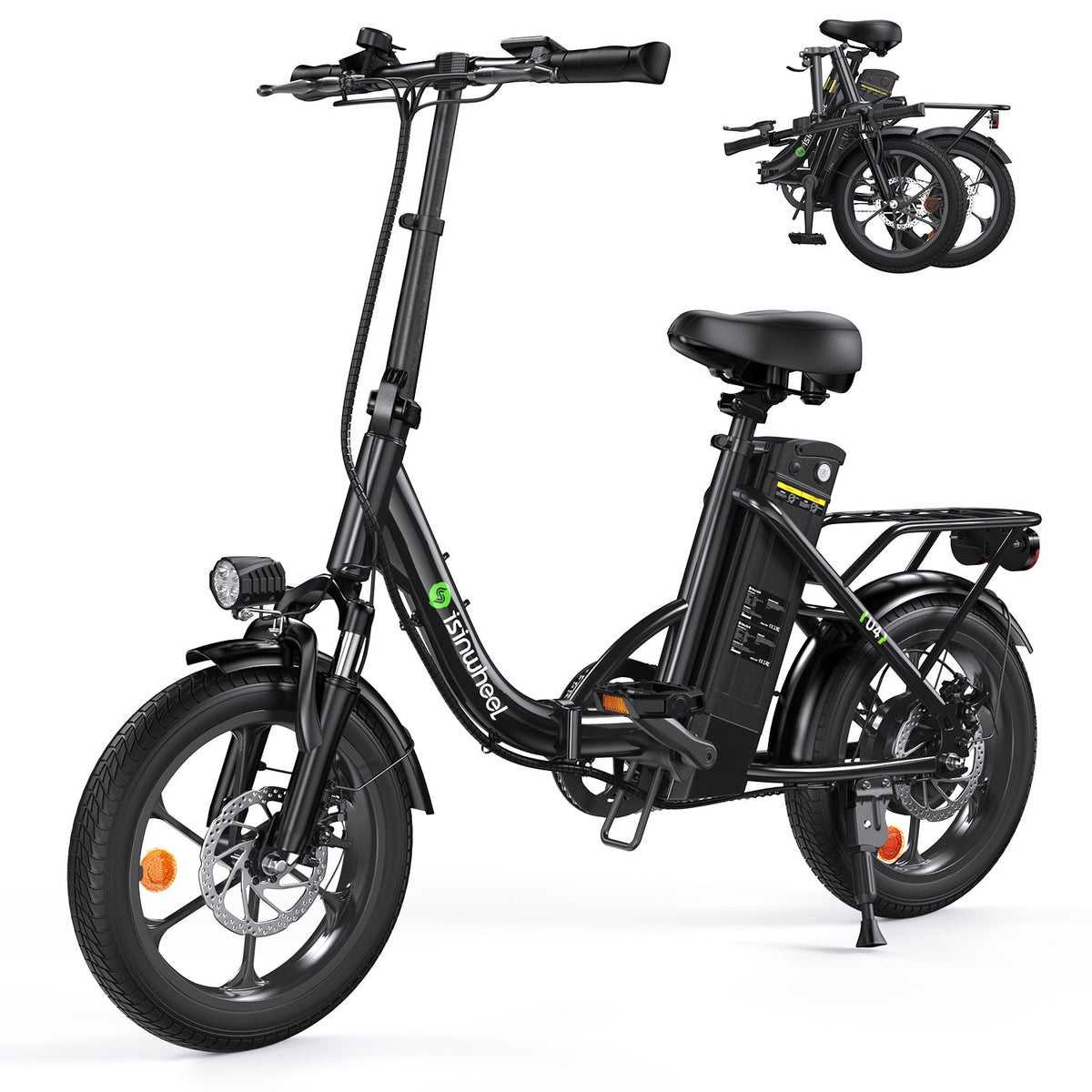 isinwheel U4 foldable step-thru electric bike in black, with folded view