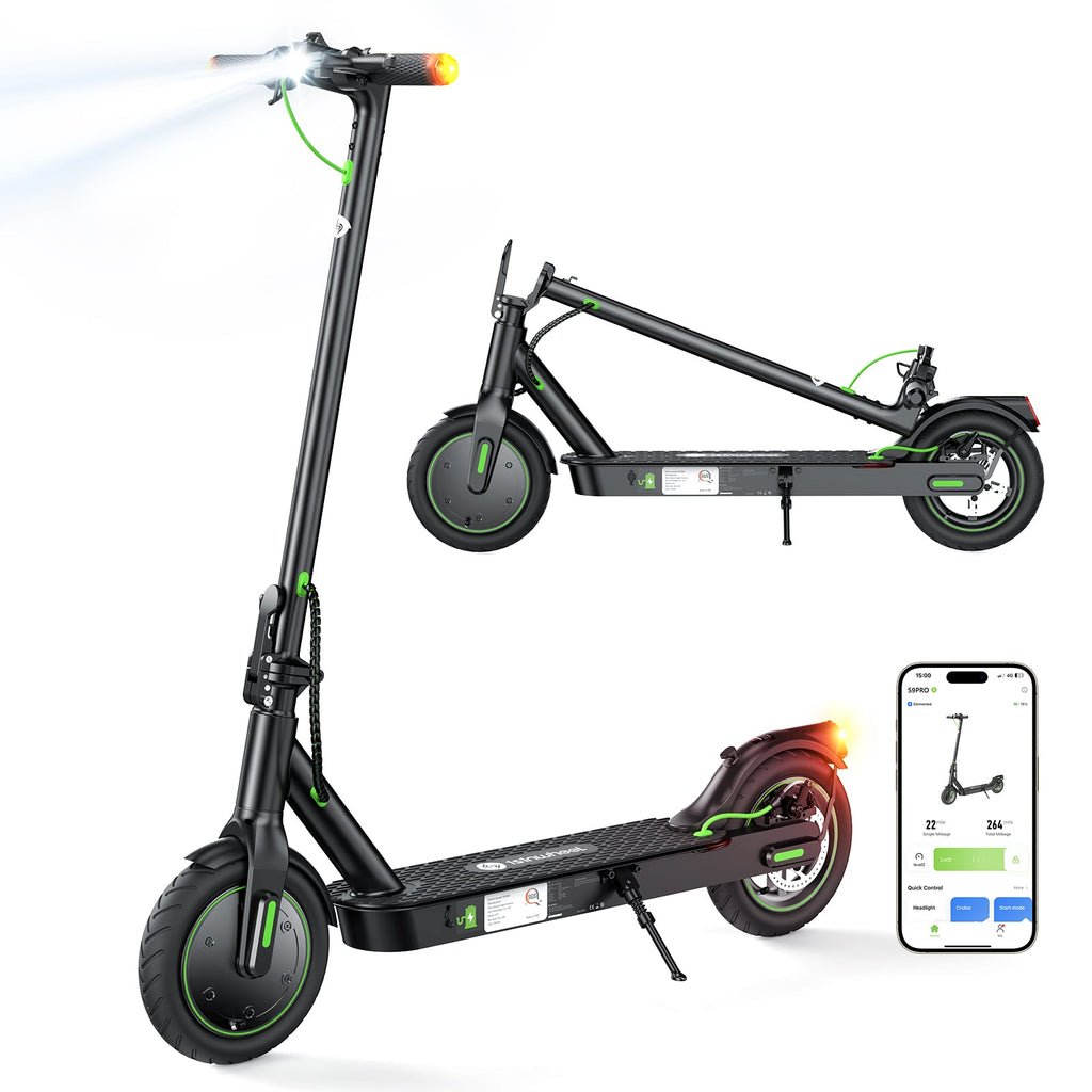 isinwheel S9 Pro electric scooter unfolded and folded, with the isinwheel app