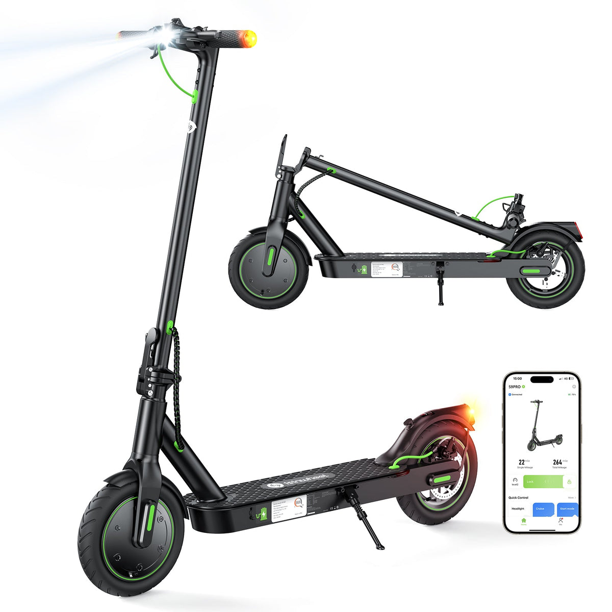 isinwheel S9 Pro electric scooter unfolded and folded, with the isinwheel app