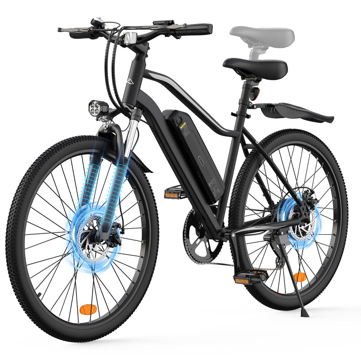 isinwheel EB3 in black showing suspension fork, disc brakes and adjustable seat height