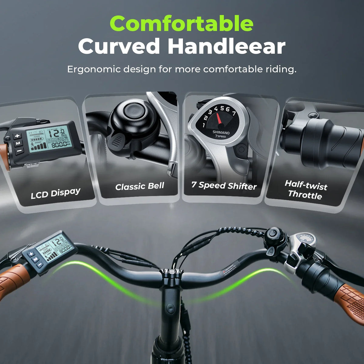 isinwheel Ucity curved handlebar with LCD display, bell, Shimano 7-speed shifter and half-twist throttle