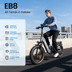 Rider on the isinwheel EB8 all-terrain e-fatbike with key specs: 1000W, 720Wh, 145 km, 20x4 tyres