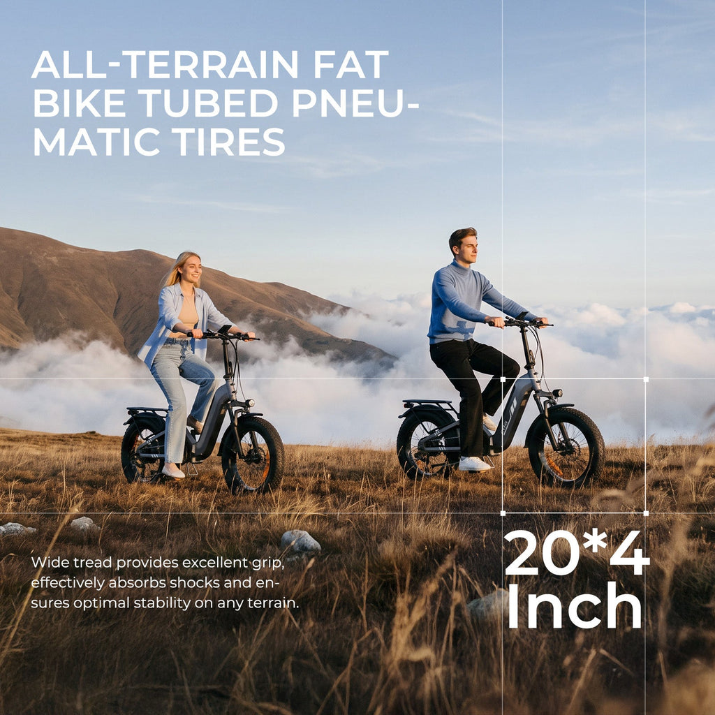 Two riders on isinwheel EB8 e-bikes with 20x4 inch fat tyres off road
