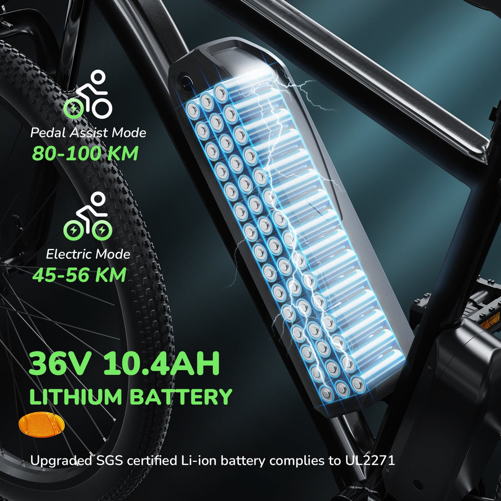 isinwheel M10 36 V 10.4 Ah battery in the down tube, 80–100 km on pedal assist