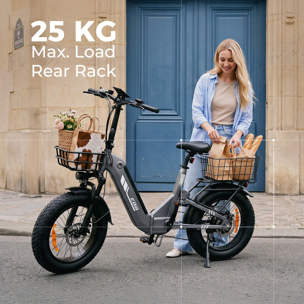 isinwheel EB8 rear rack rated to 25 kg, loaded with shopping