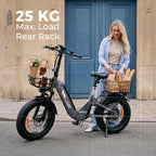 isinwheel EB8 rear rack rated to 25 kg, loaded with shopping