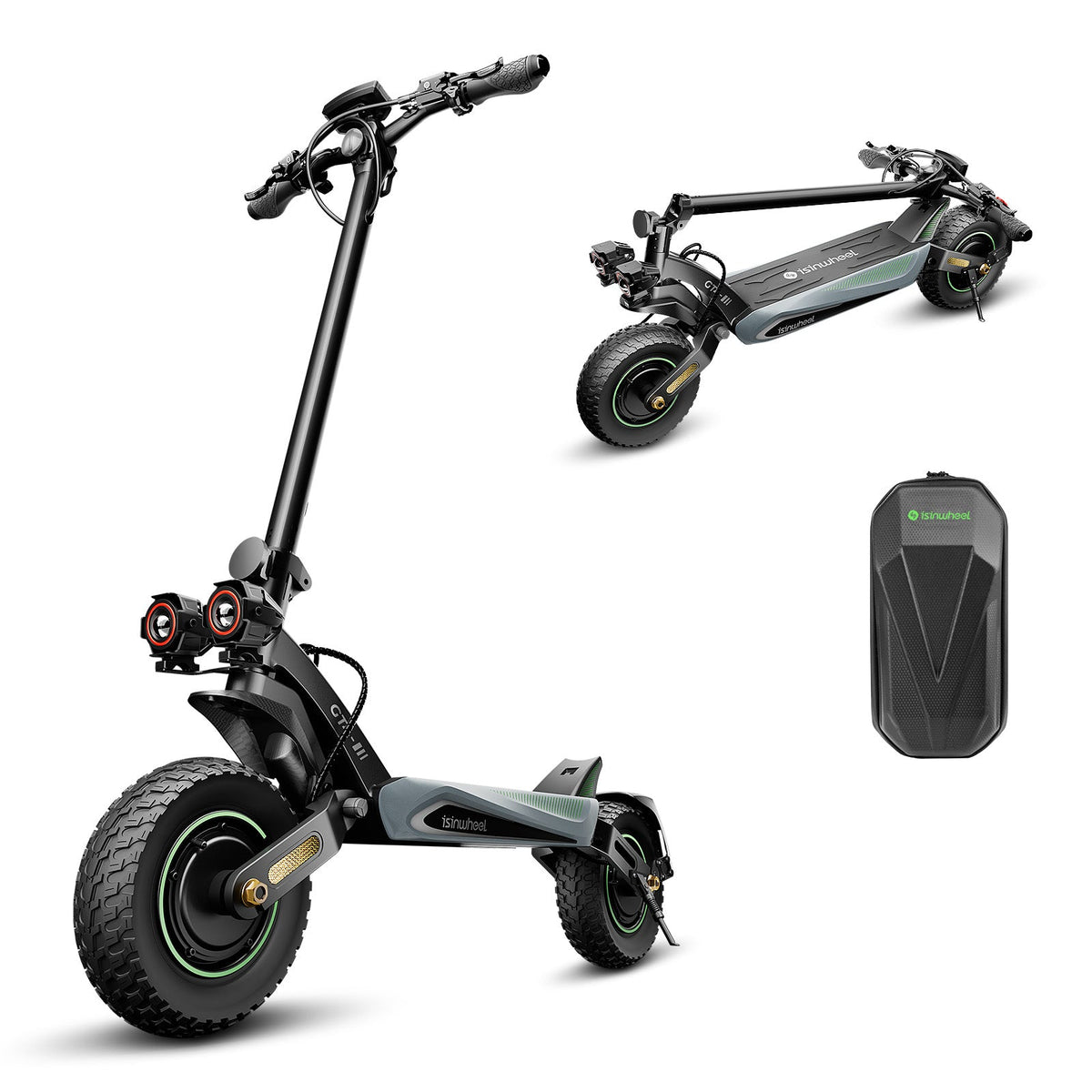 isinwheel GT4 Dual electric scooter, front three-quarter view with folded view and handlebar bag