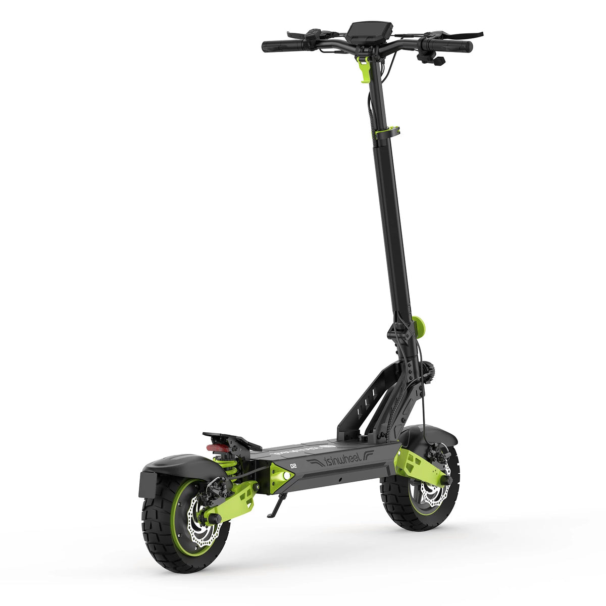 isinwheel D2 in green, rear three-quarter view from the right