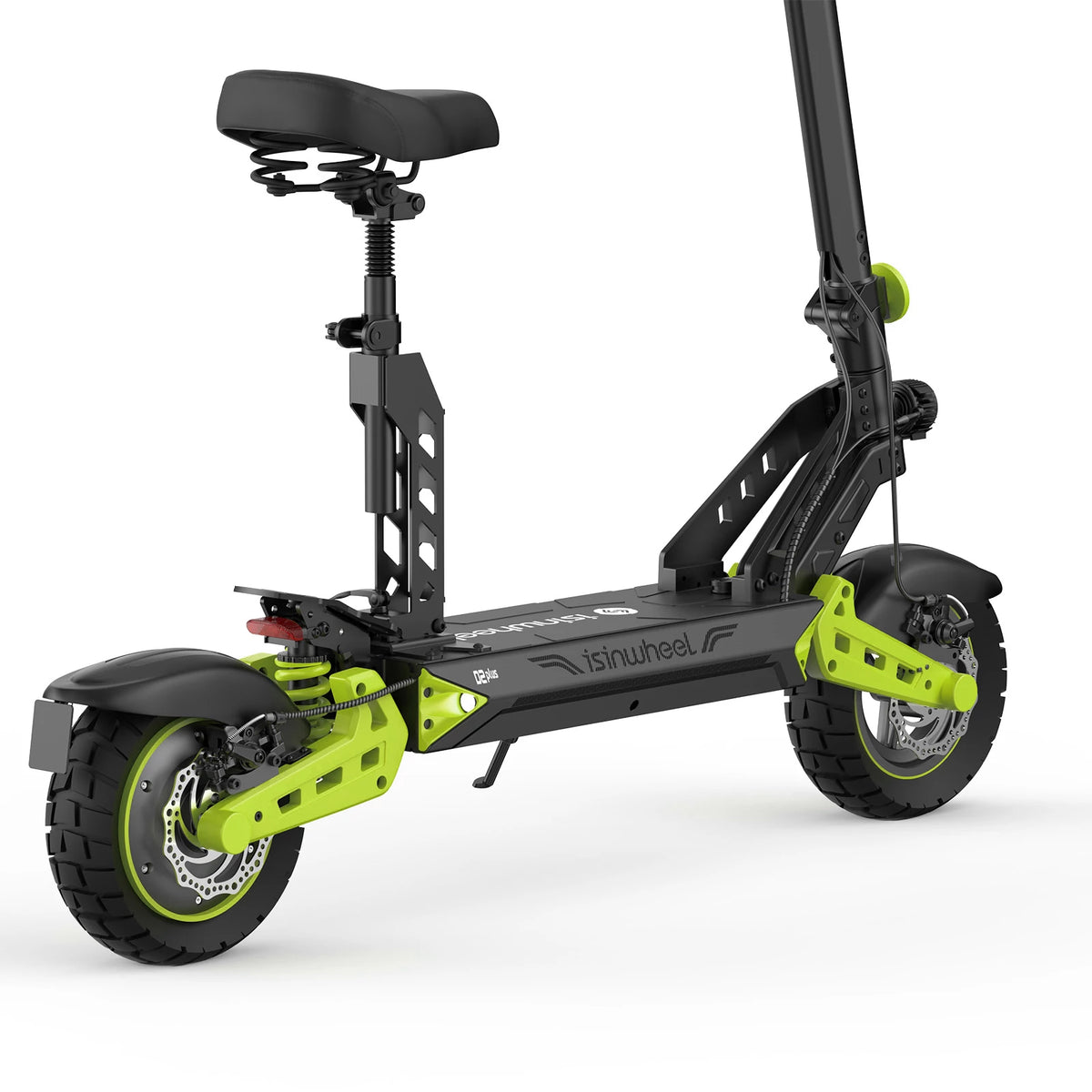 isinwheel D2 Plus with seat, low rear three-quarter view of deck and rear suspension