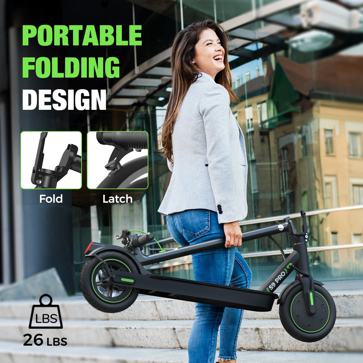 Rider carrying the folded isinwheel S9 Pro electric scooter