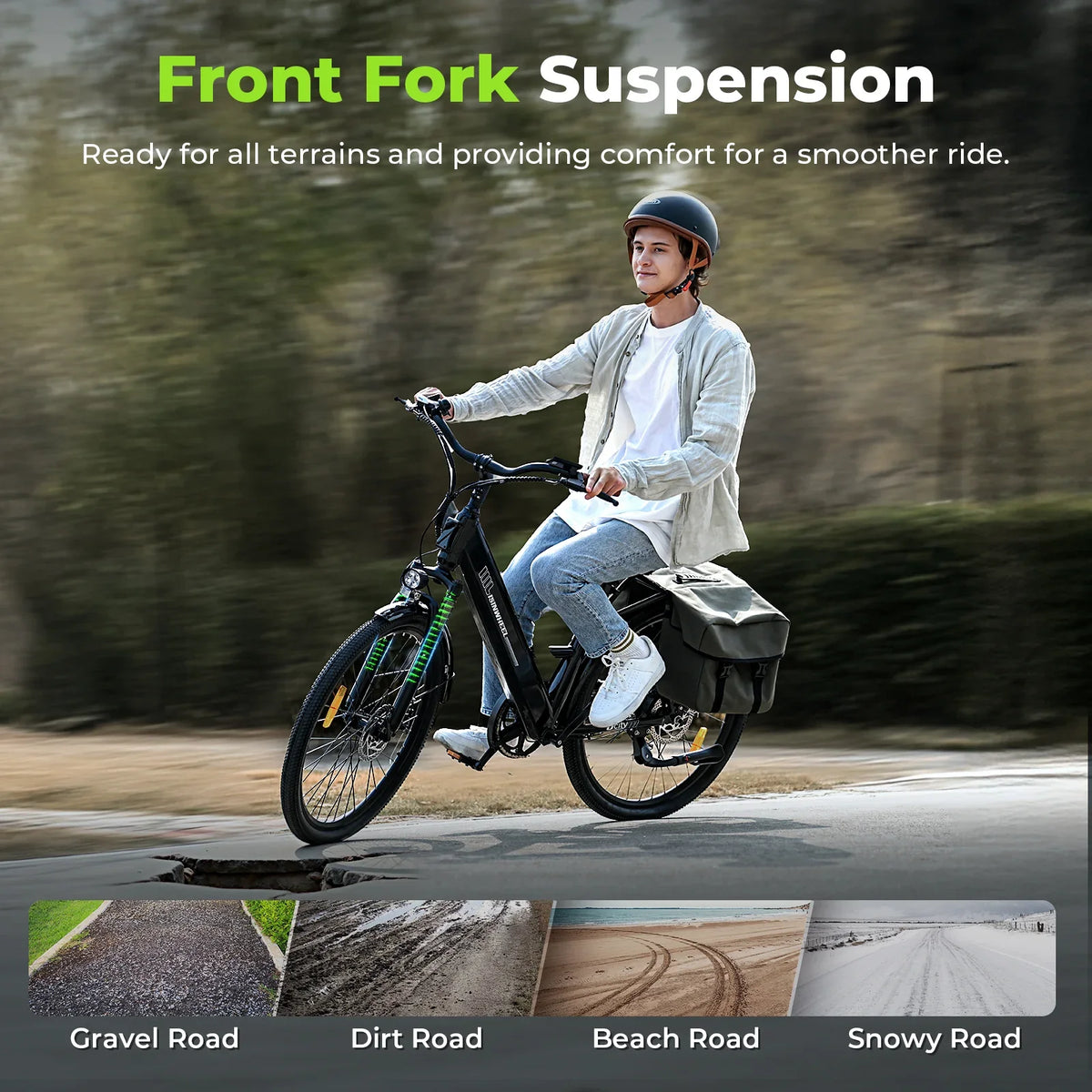 isinwheel Ucity front suspension fork, rider on a black Ucity
