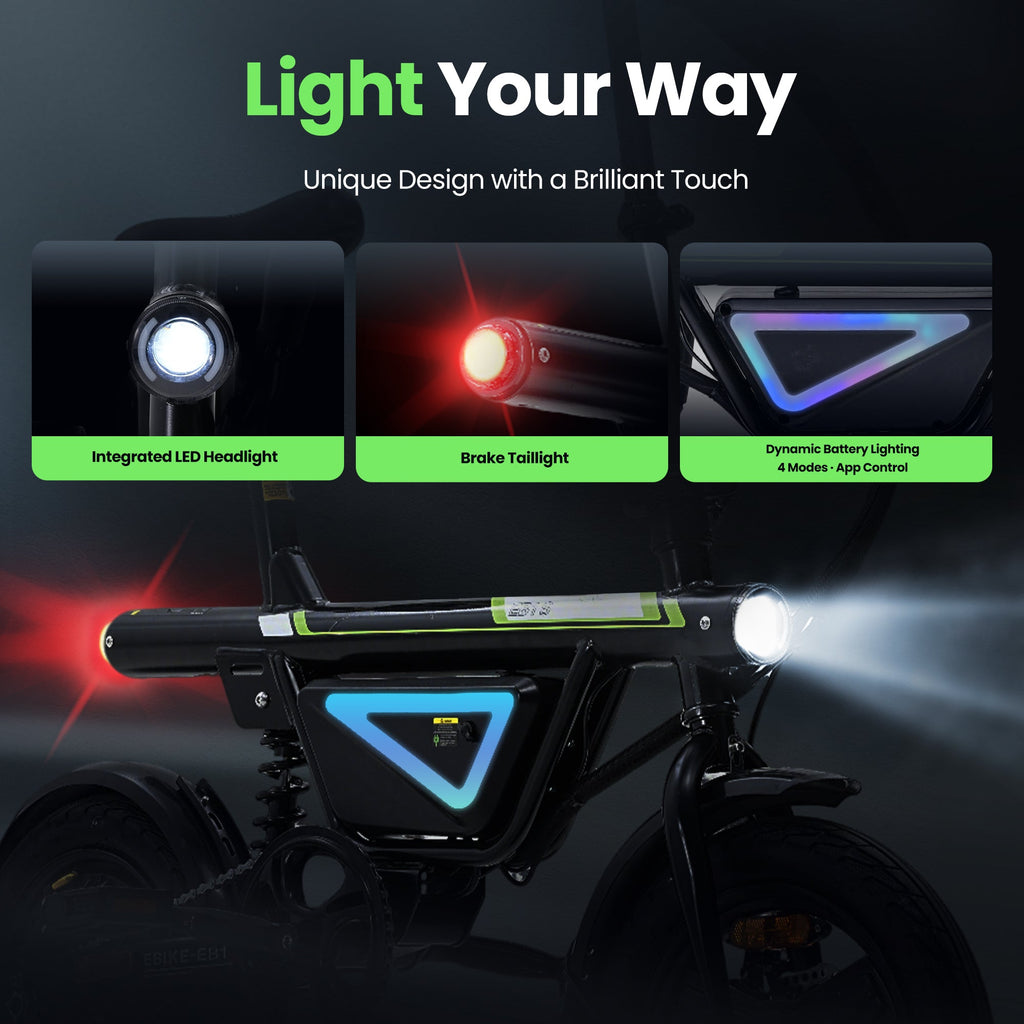 isinwheel EB1S lighting: LED headlight, brake tail light and dynamic battery lighting