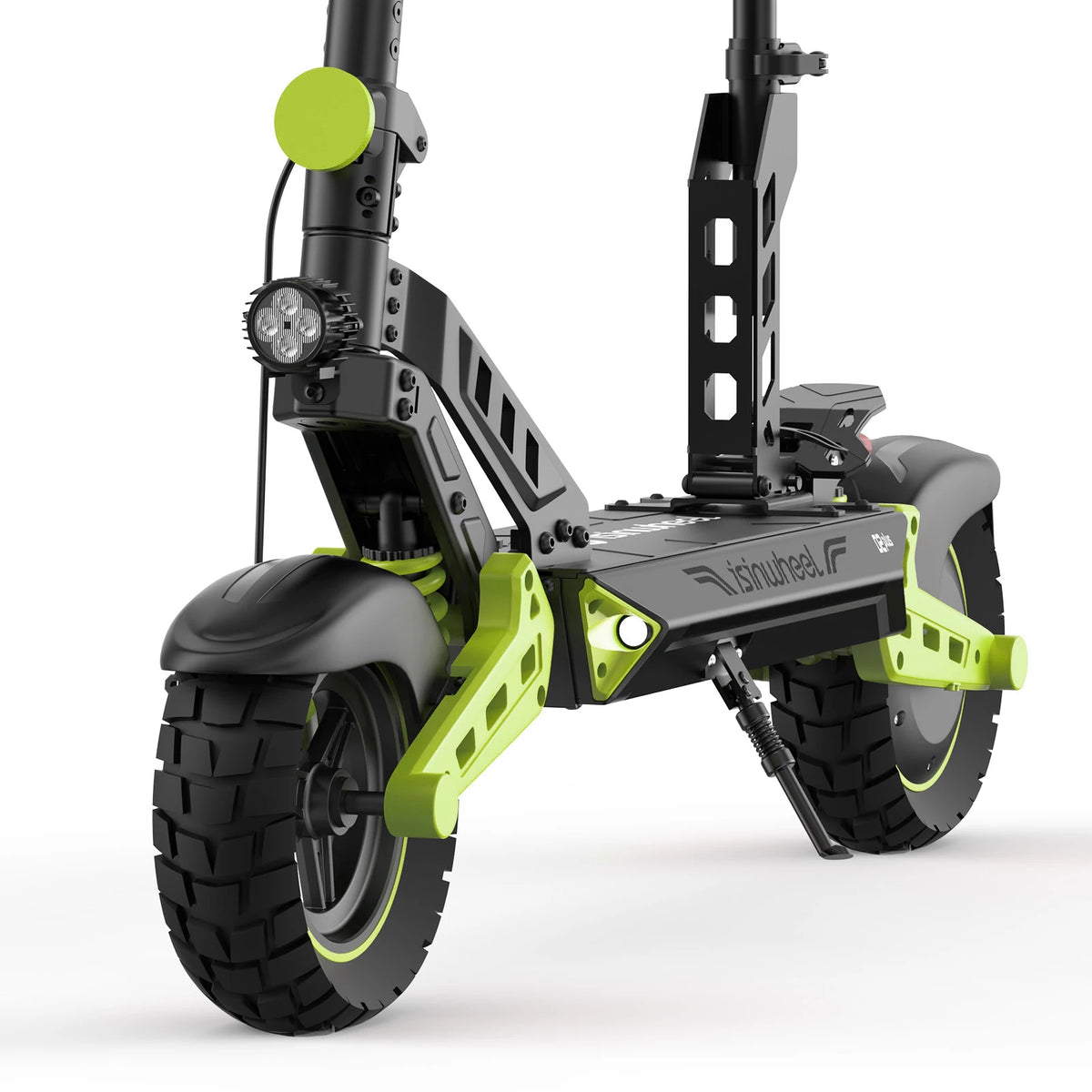 isinwheel D2 Plus, front wheel, headlight, swing arms and seat-post bracket close-up
