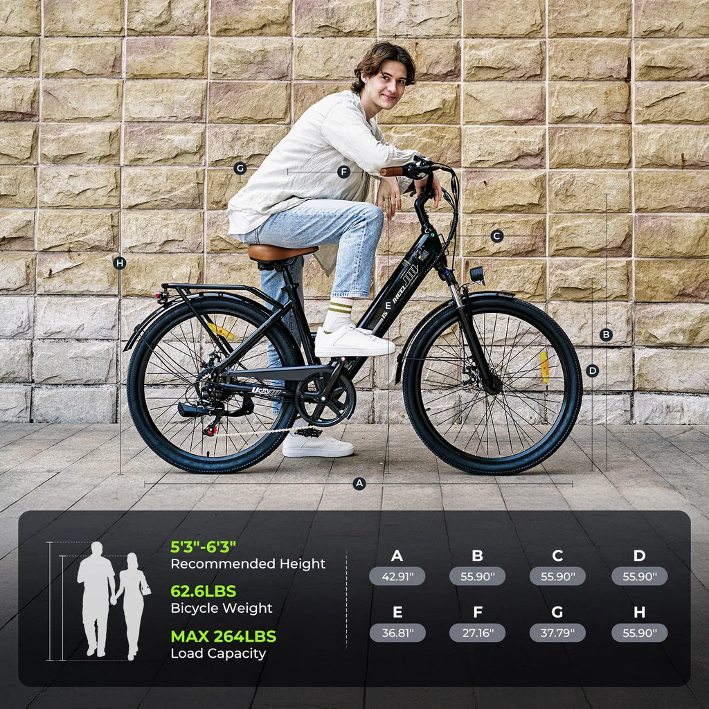 isinwheel Ucity size and geometry chart with rider, black Ucity side view
