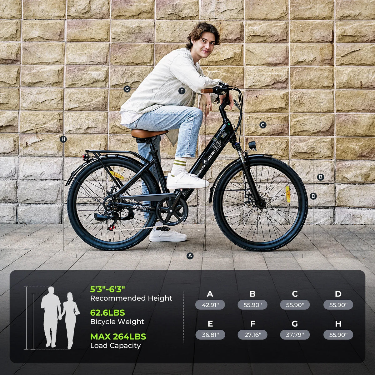 isinwheel Ucity size and geometry chart with rider, black Ucity side view
