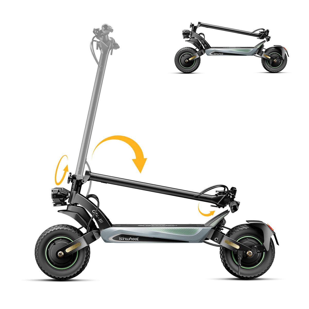 isinwheel GT4 Dual folding mechanism, stem folds down onto the rear