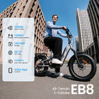 Rider on the isinwheel EB8 in the city with spec summary