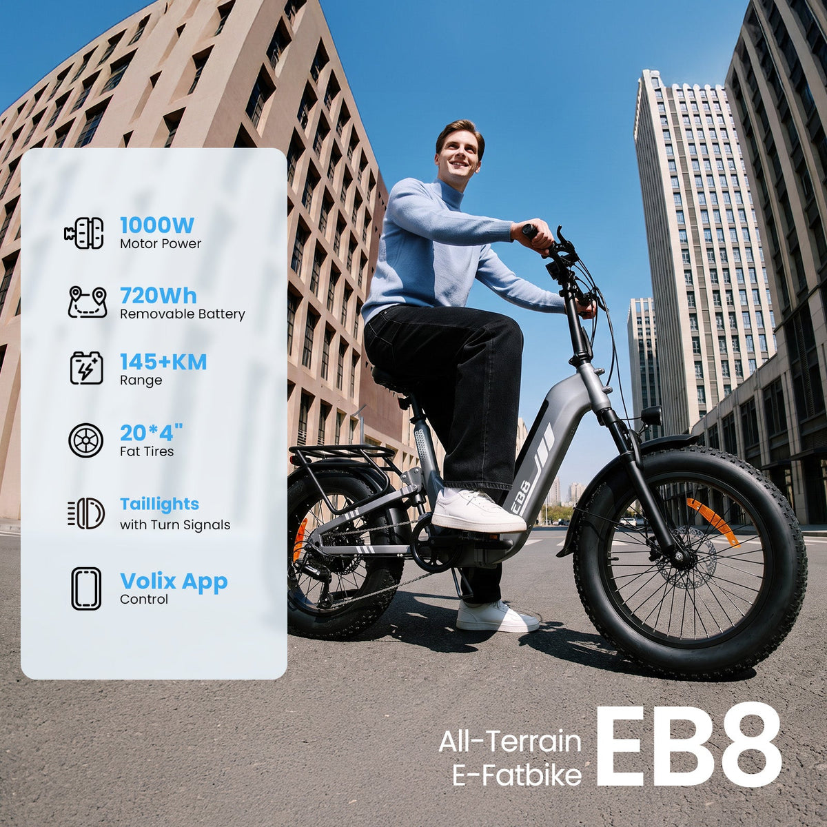 Rider on the isinwheel EB8 in the city with spec summary