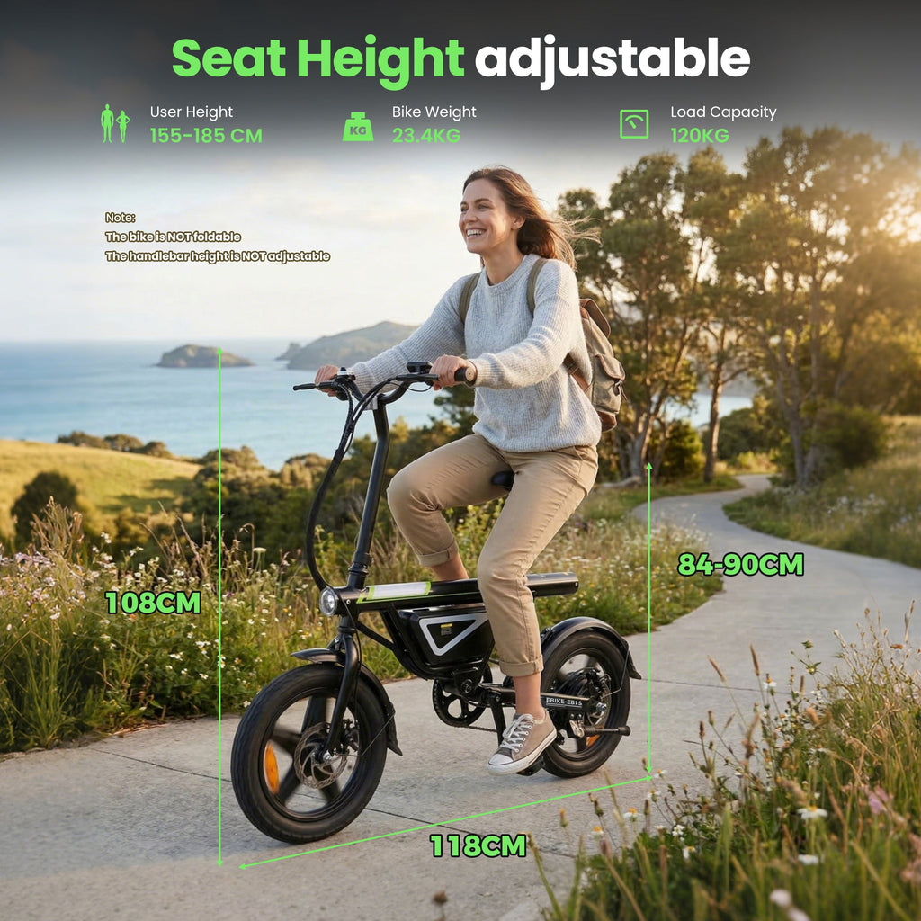 Rider on the isinwheel EB1S on a coastal path, with bike dimensions and a 155-185 cm rider height range