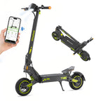 isinwheel D1 electric scooter with the isinwheel app on a phone, shown unfolded and folded