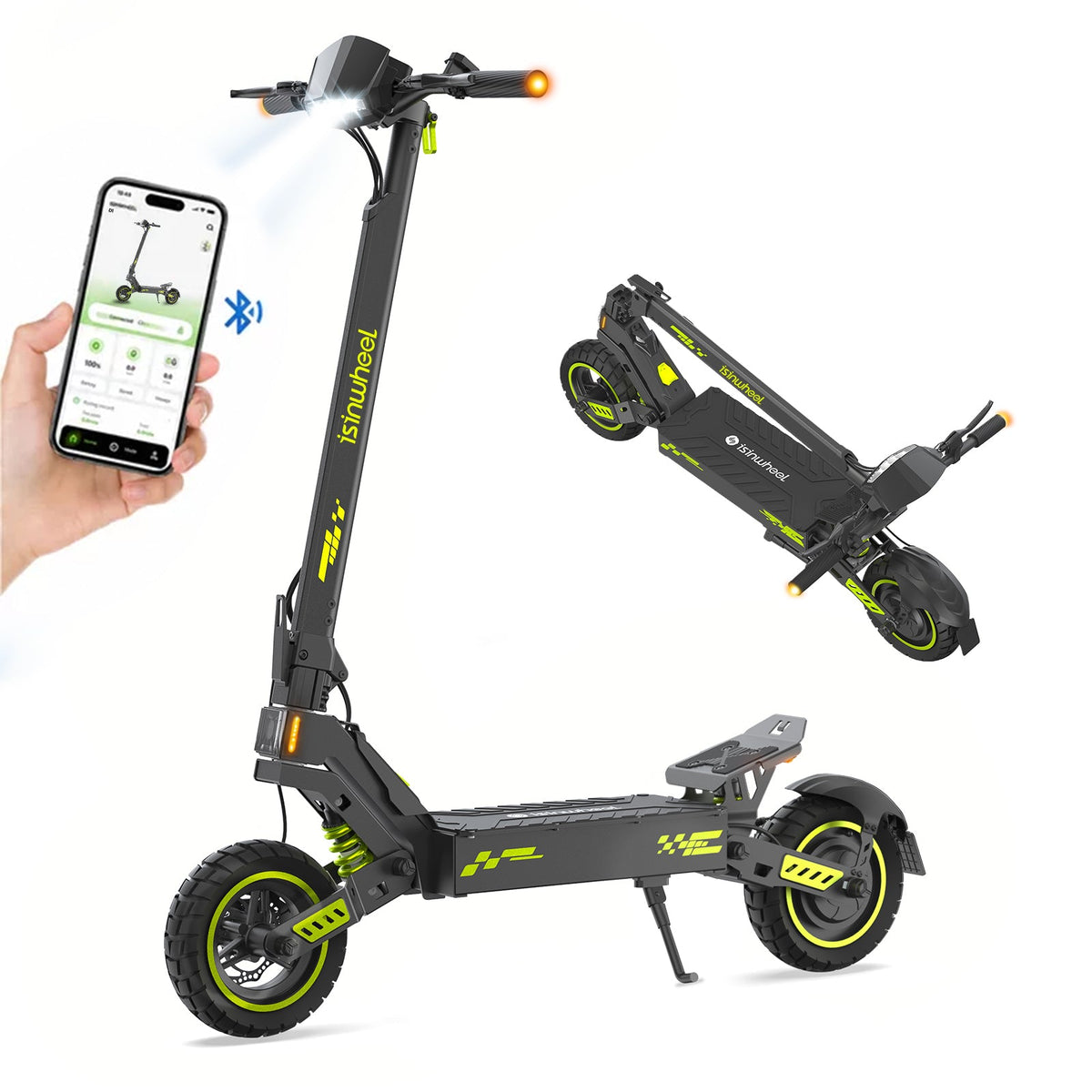 isinwheel D1 electric scooter with the isinwheel app on a phone, shown unfolded and folded