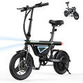 isinwheel EB1S foldable electric bike in black, front three-quarter view with headlight on