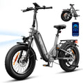 isinwheel EB8 foldable fat-tyre electric bike in black, studio side view with folded inset and Voltix app