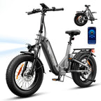 isinwheel EB8 foldable fat-tyre electric bike in black, studio side view with folded inset and Voltix app