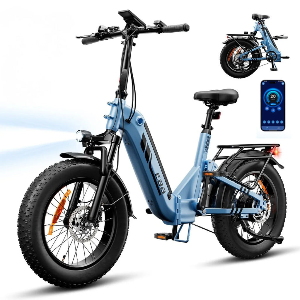 isinwheel EB8 foldable fat-tyre electric bike in blue, studio side view with folded inset and Voltix app
