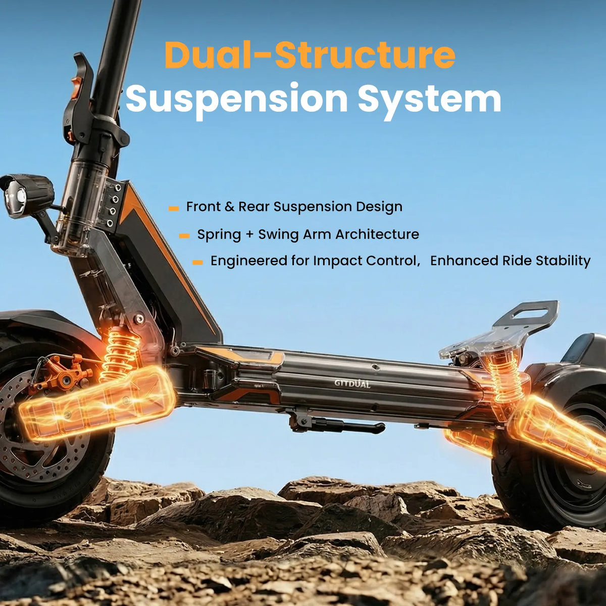 isinwheel GT1 Dual front and rear swing-arm suspension
