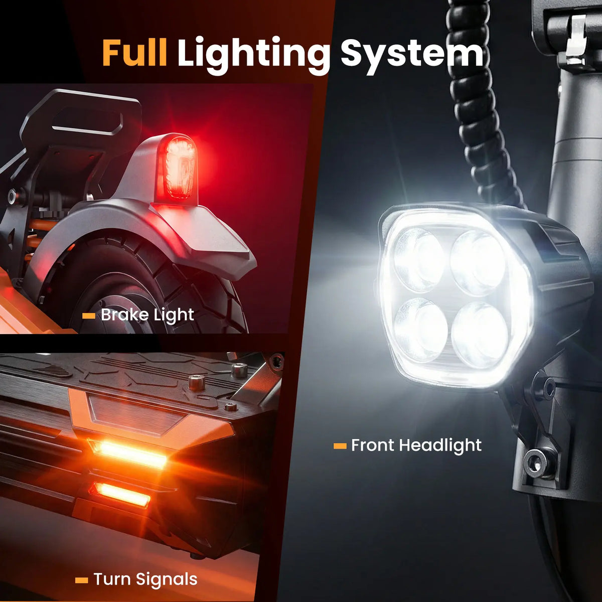 isinwheel GT1 Dual lighting: quad-LED headlight, brake light and turn signals