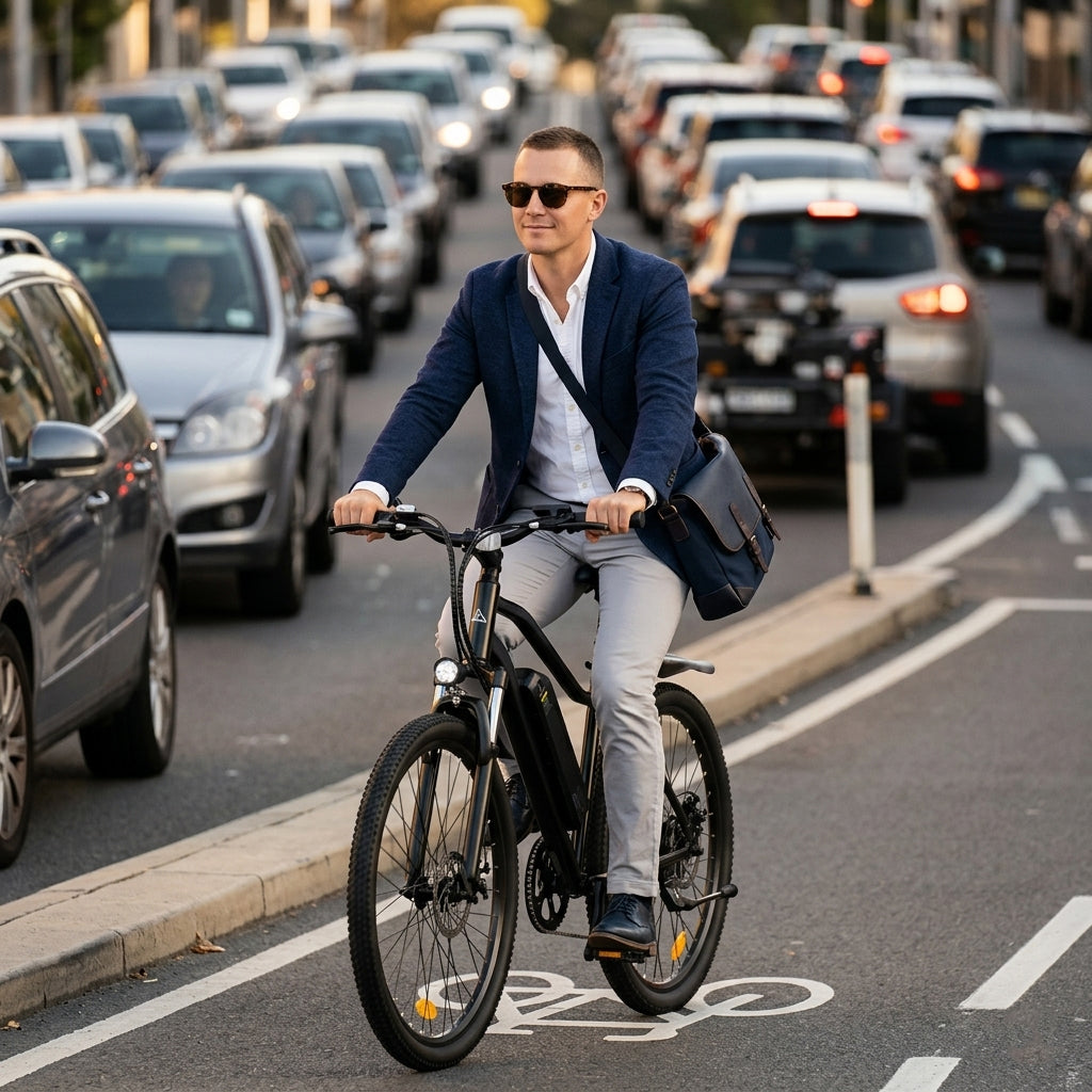 isinwheel EB3 electric bike ridden in a city cycle lane