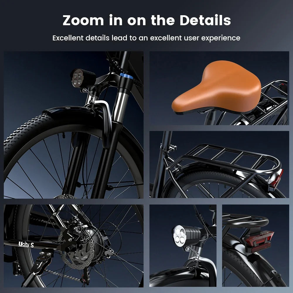 isinwheel Ucitys electric bike, detail views of display, gears, suspension fork and headlight